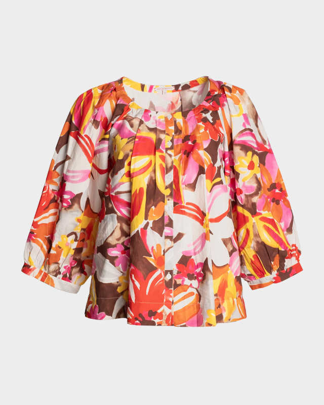 Zoe Pleated 3/4-Sleeve Button-Front Top